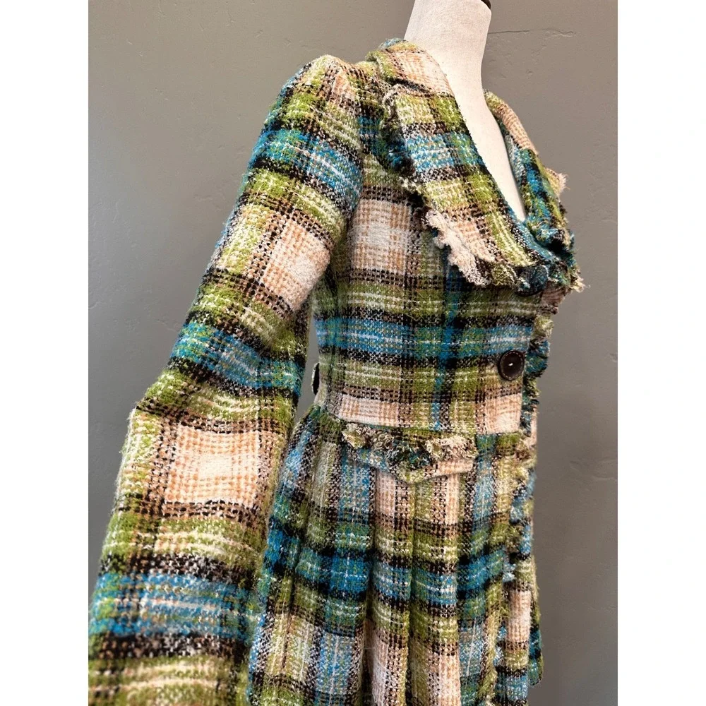 Anthropologie Nick &‎ Mo Retro Tweed Plaid Wool Flare Coat Small Fringed Boho